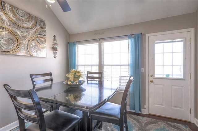 21212 E 52nd Street Ct, Blue Springs, MO 64015 - dining room featuring plenty of natural light, vaulted ceiling, baseboards, and ceiling fan
