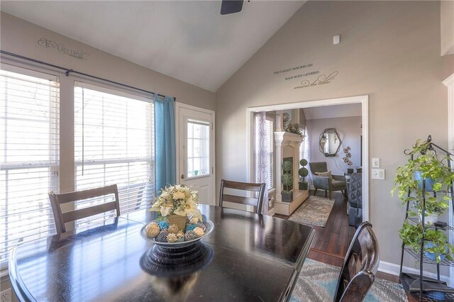 21212 E 52nd Street Ct, Blue Springs, MO 64015 - dining area featuring a fireplace, baseboards, high vaulted ceiling, and wood finished floors