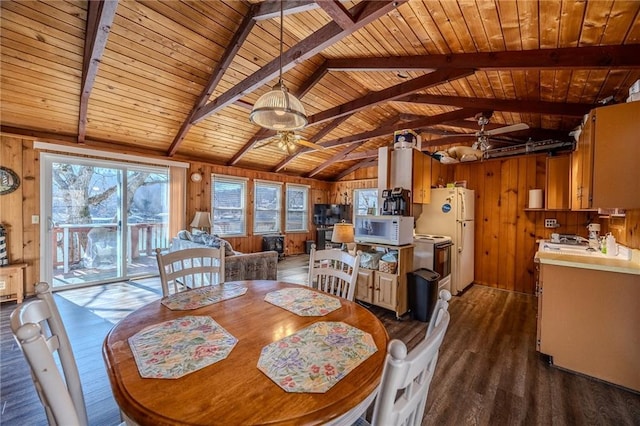 dining space with dark wood-type flooring, vaulted ceiling with beams, wood walls, and a ceiling fan