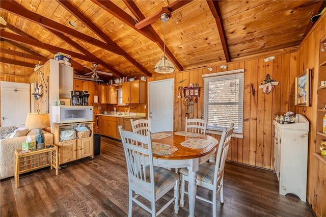 dining space featuring wood ceiling, wood walls, vaulted ceiling with beams, and dark wood-type flooring