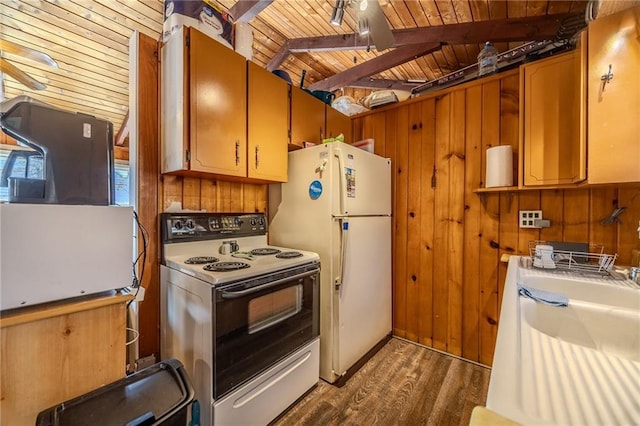 kitchen with range with electric stovetop, wood ceiling, and wooden walls