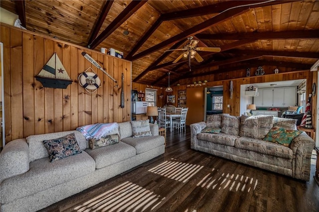 living area with lofted ceiling with beams, wooden walls, wood finished floors, and wooden ceiling