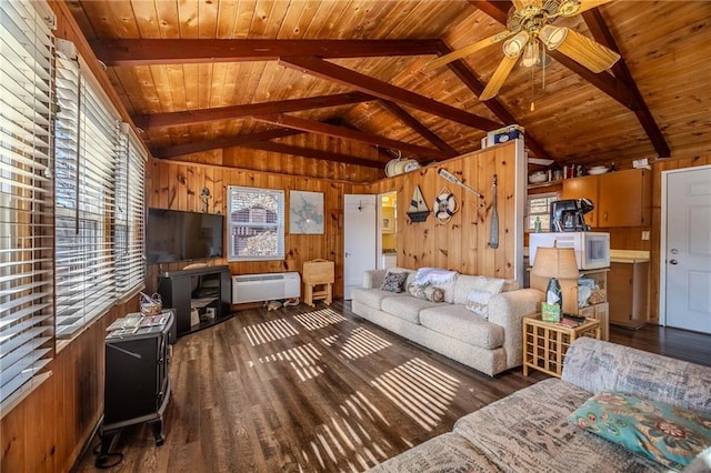 living room featuring wood finished floors, lofted ceiling with beams, ceiling fan, wood ceiling, and wood walls