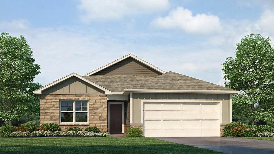 view of front of house with a shingled roof, concrete driveway, a front lawn, a garage, and board and batten siding