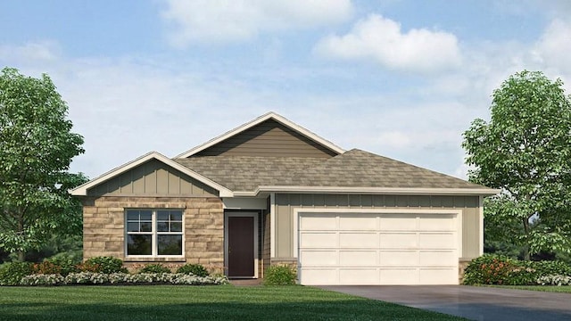 view of front of house with a shingled roof, concrete driveway, a front lawn, a garage, and board and batten siding