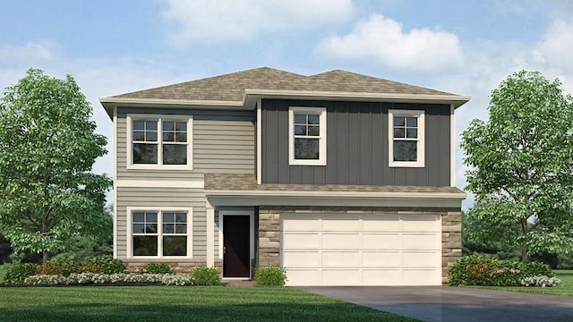 view of front of house featuring a front yard, a shingled roof, concrete driveway, stone siding, and a garage