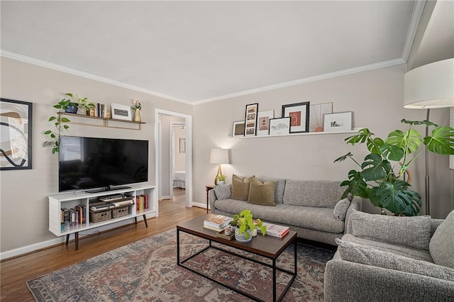 living room featuring baseboards, wood finished floors, and ornamental molding