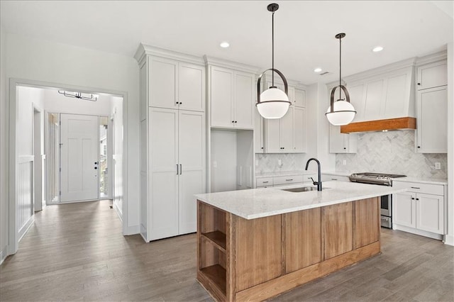 kitchen featuring a sink, stainless steel range with gas cooktop, wood finished floors, and premium range hood