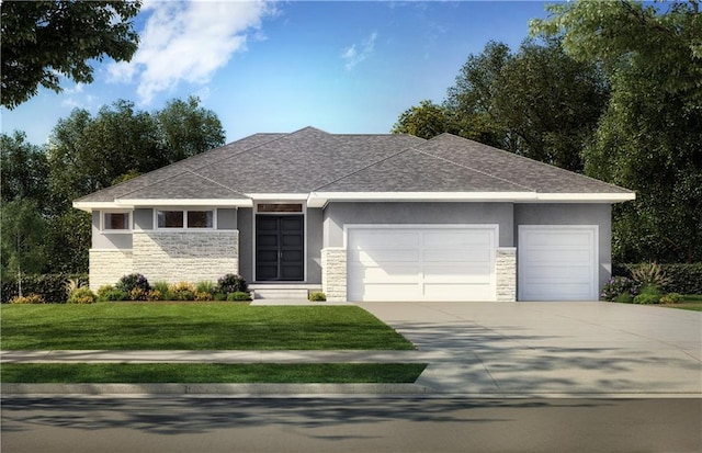 view of front of house featuring stone siding, stucco siding, and a garage