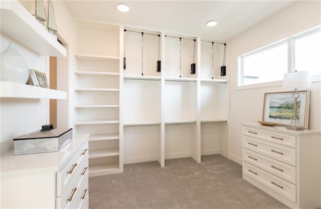 walk in closet with light colored carpet