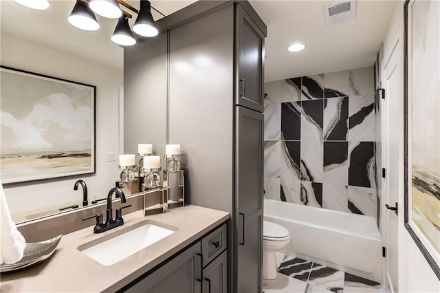 full bath featuring vanity, visible vents, toilet, marble finish floor, and shower / bathtub combination