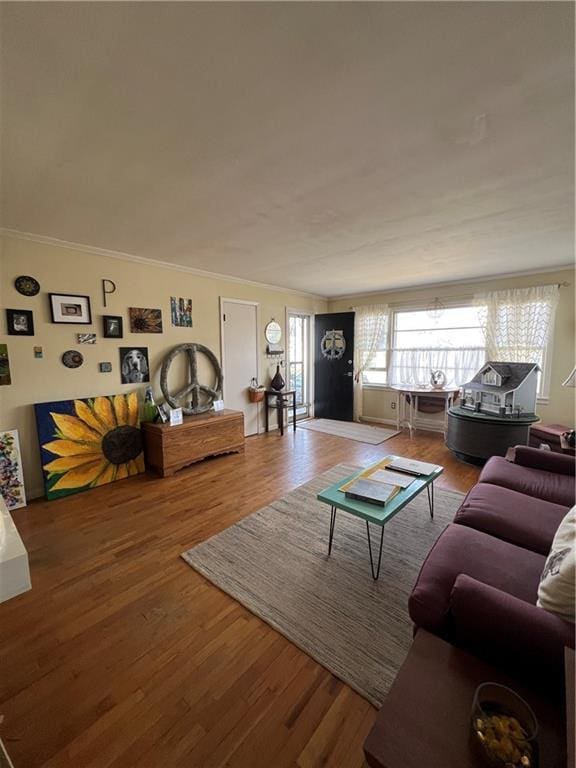 living area featuring crown molding and wood finished floors