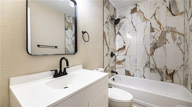 bathroom featuring toilet, a textured ceiling, shower / washtub combination, vanity, and a textured wall