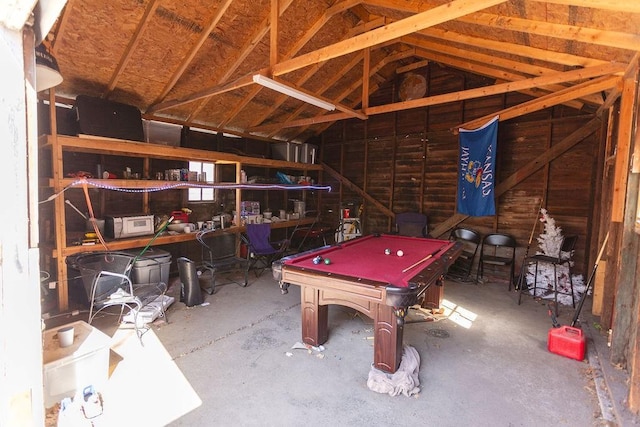 recreation room featuring billiards and lofted ceiling