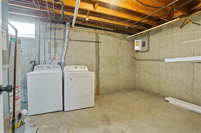 clothes washing area with electric panel, laundry area, and independent washer and dryer