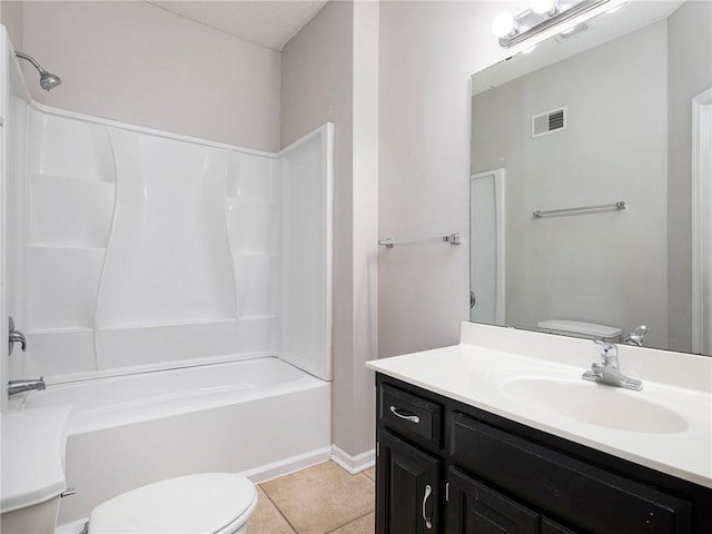 bathroom with tile patterned flooring, visible vents, washtub / shower combination, toilet, and vanity