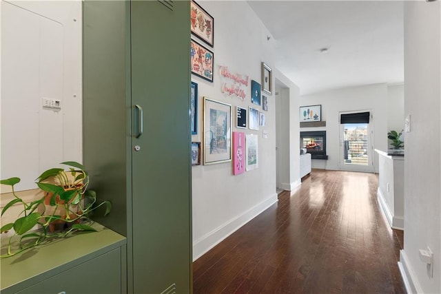 hall featuring dark wood-type flooring and baseboards