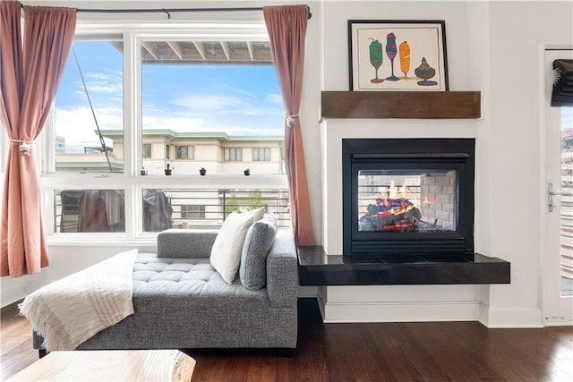 living area featuring a multi sided fireplace, baseboards, and dark wood-style flooring