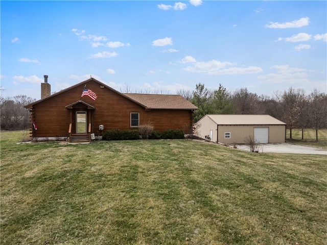 exterior space with gravel driveway, a chimney, an outdoor structure, a garage, and a lawn