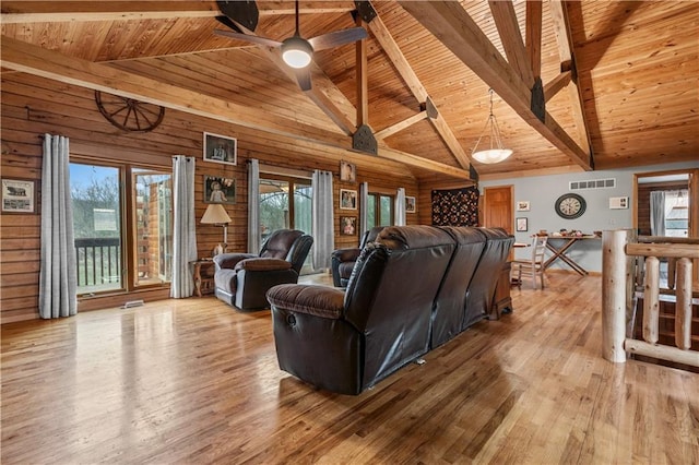 living area with wooden ceiling, wood finished floors, and wood walls