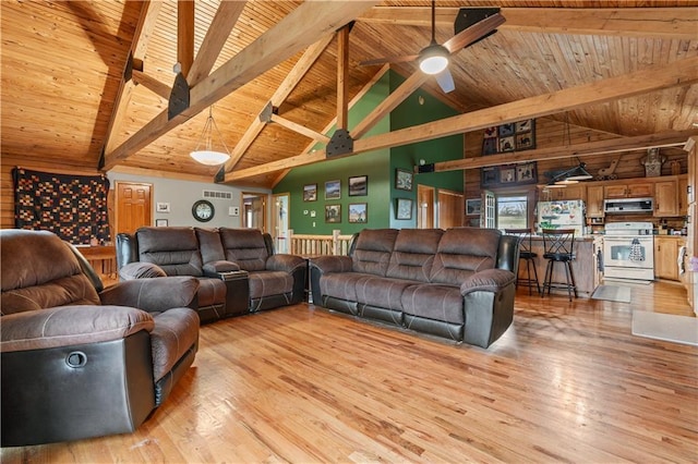 living area featuring beam ceiling, wooden ceiling, light wood-type flooring, and ceiling fan