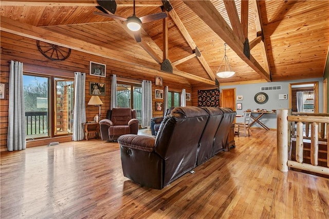 living area featuring visible vents, wood ceiling, and wood finished floors