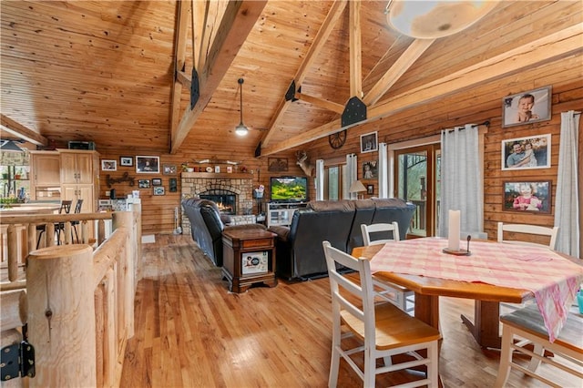 dining area featuring wooden ceiling, light wood-style flooring, wood walls, and beam ceiling