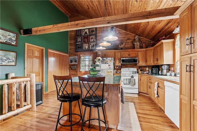 kitchen featuring light wood-type flooring, a kitchen breakfast bar, a kitchen island, white appliances, and wood ceiling