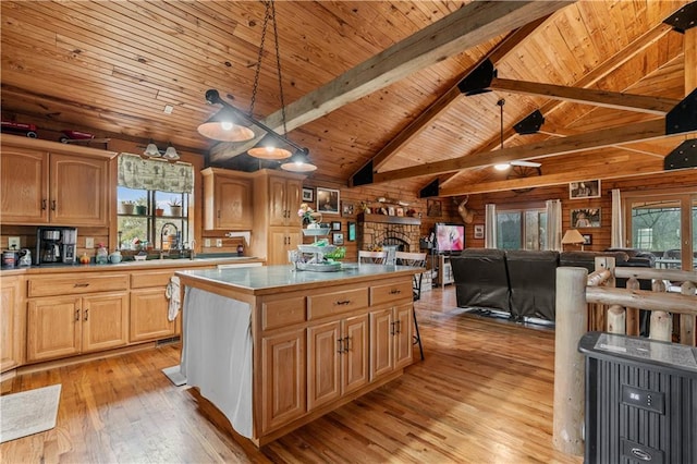 kitchen with lofted ceiling with beams, open floor plan, wood walls, light wood finished floors, and wood ceiling