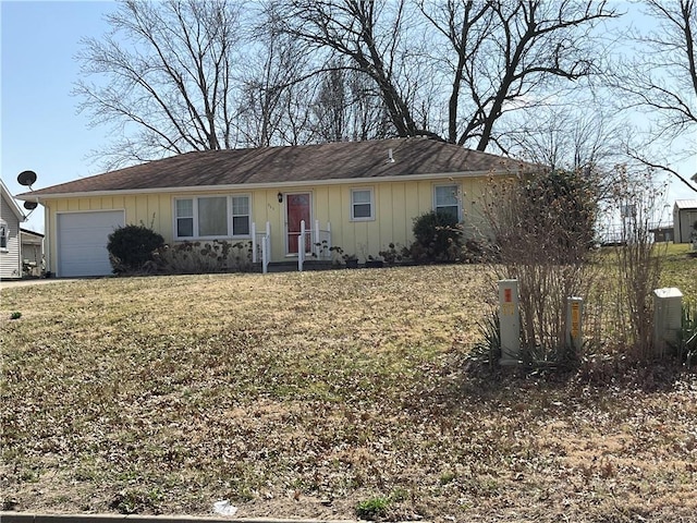 single story home with a garage, central air condition unit, board and batten siding, and a front yard