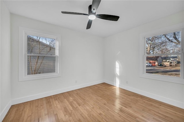 spare room featuring light wood-style floors and baseboards