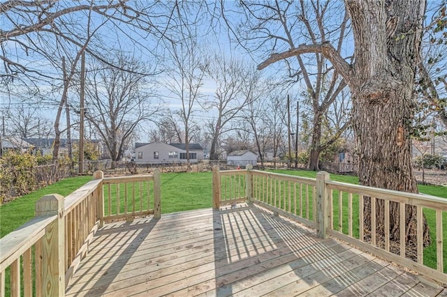 wooden terrace with a yard and a fenced backyard