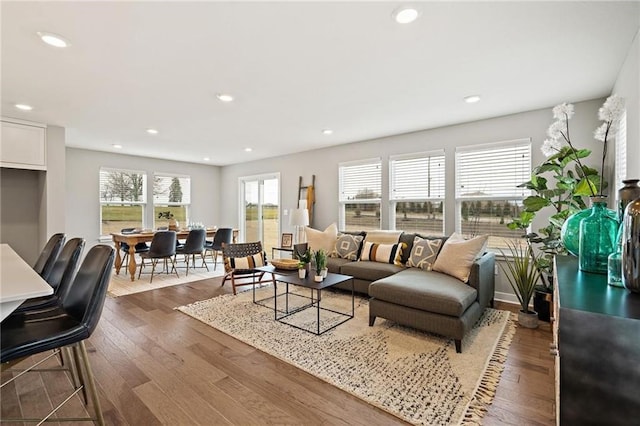 living room featuring recessed lighting and dark wood-style flooring