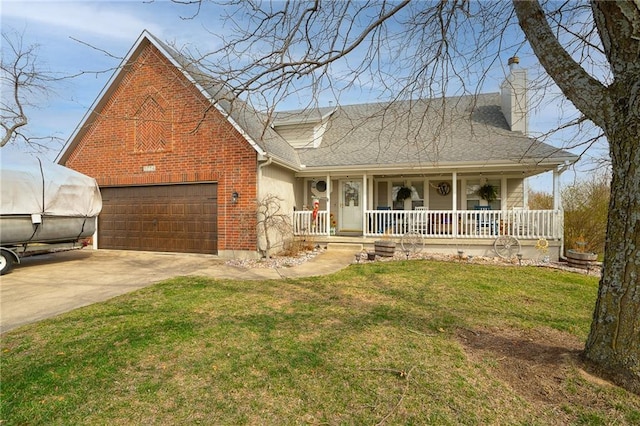 view of front of property with a front lawn, covered porch, concrete driveway, brick siding, and a chimney