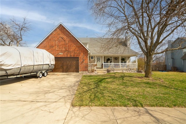 view of front of property with driveway, covered porch, a front yard, a garage, and brick siding