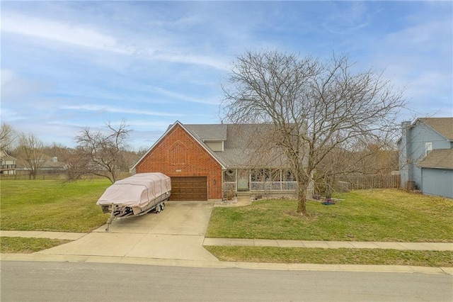 bungalow-style house featuring a front lawn, a porch, concrete driveway, a garage, and brick siding