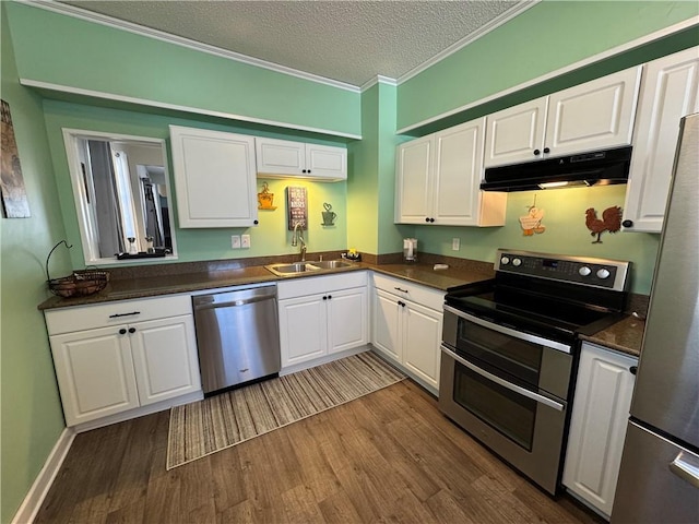 kitchen featuring dark wood-type flooring, under cabinet range hood, a sink, dark countertops, and appliances with stainless steel finishes