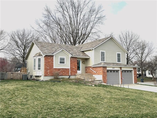 tri-level home featuring cooling unit, fence, driveway, a garage, and brick siding