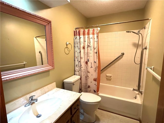 bathroom featuring toilet, vanity, a textured ceiling, and shower / bath combo with shower curtain