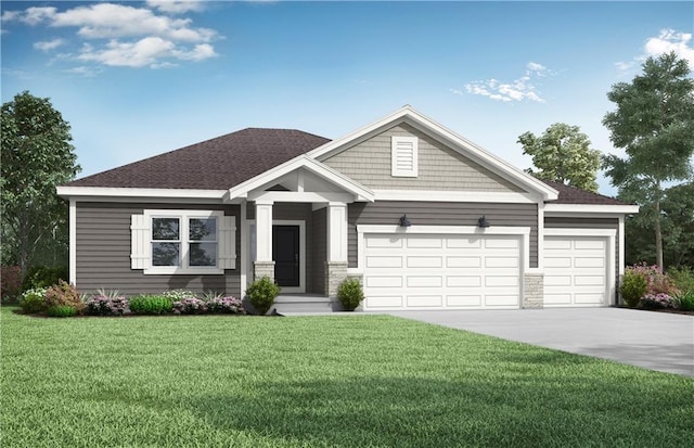 craftsman house featuring stone siding, a front lawn, concrete driveway, and an attached garage