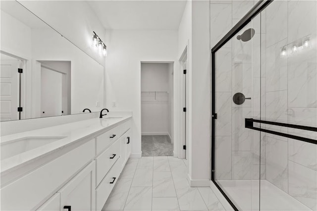 10612 N Jefferson St, Kansas City, MO 64155 - full bath with double vanity, marble finish floor, a stall shower, and a sink