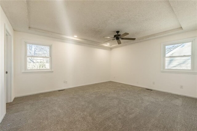 empty room featuring a raised ceiling, a textured ceiling, carpet, baseboards, and ceiling fan