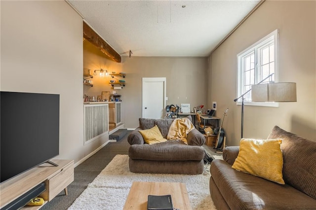 living room featuring lofted ceiling