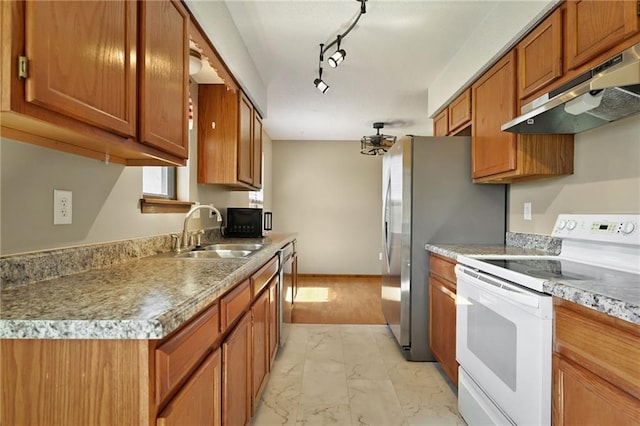 kitchen with under cabinet range hood, dishwasher, white electric range oven, marble finish floor, and a sink