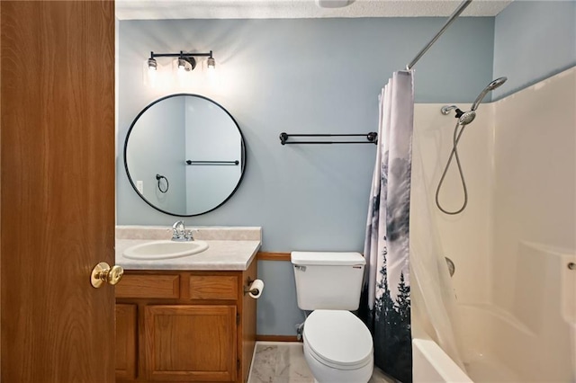 full bath with baseboards, toilet, shower / bath combination with curtain, vanity, and marble finish floor