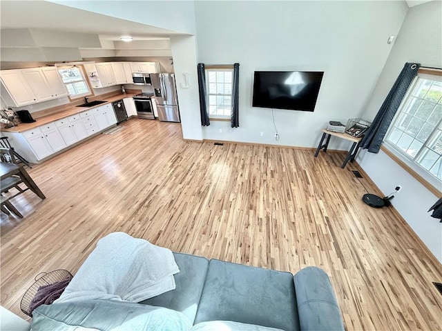 living area with a wealth of natural light, baseboards, and light wood finished floors