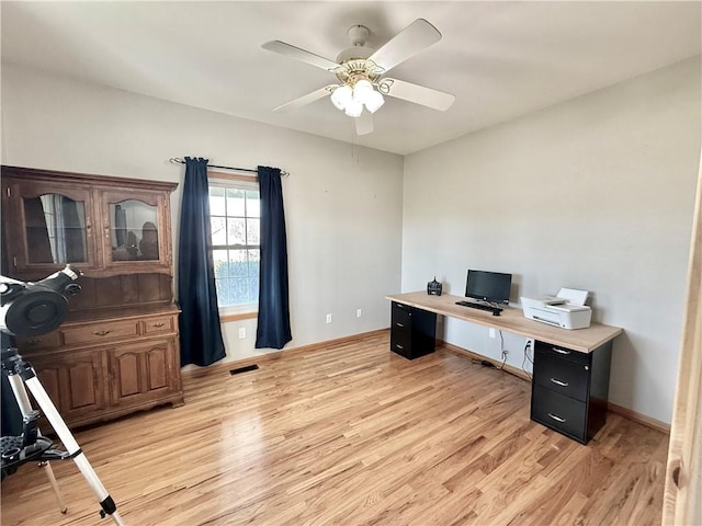 office featuring baseboards, visible vents, light wood finished floors, and ceiling fan