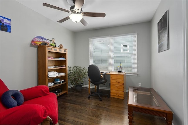 office featuring dark wood finished floors and ceiling fan