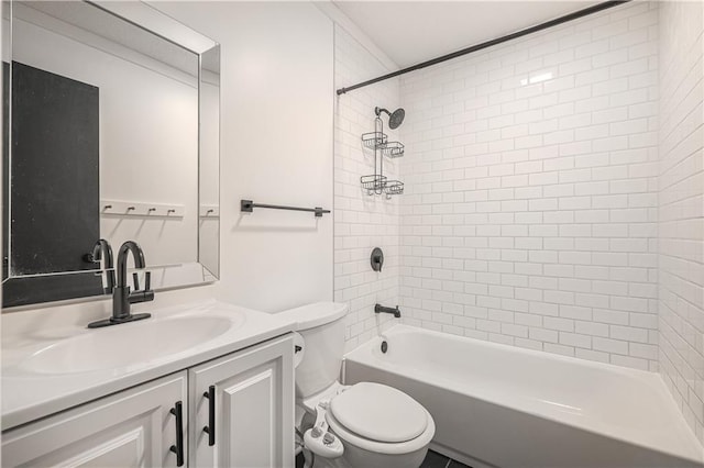 bathroom with toilet, vanity, and bathing tub / shower combination