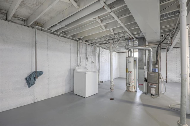 unfinished basement with gas water heater and heating unit